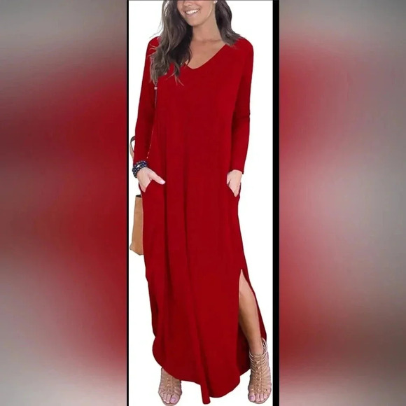 Grecerelle Women's Red Maxi Dress Pull-On Side Slits Long Sleeve Stretchy 2x NWT - Picture 1 of 9